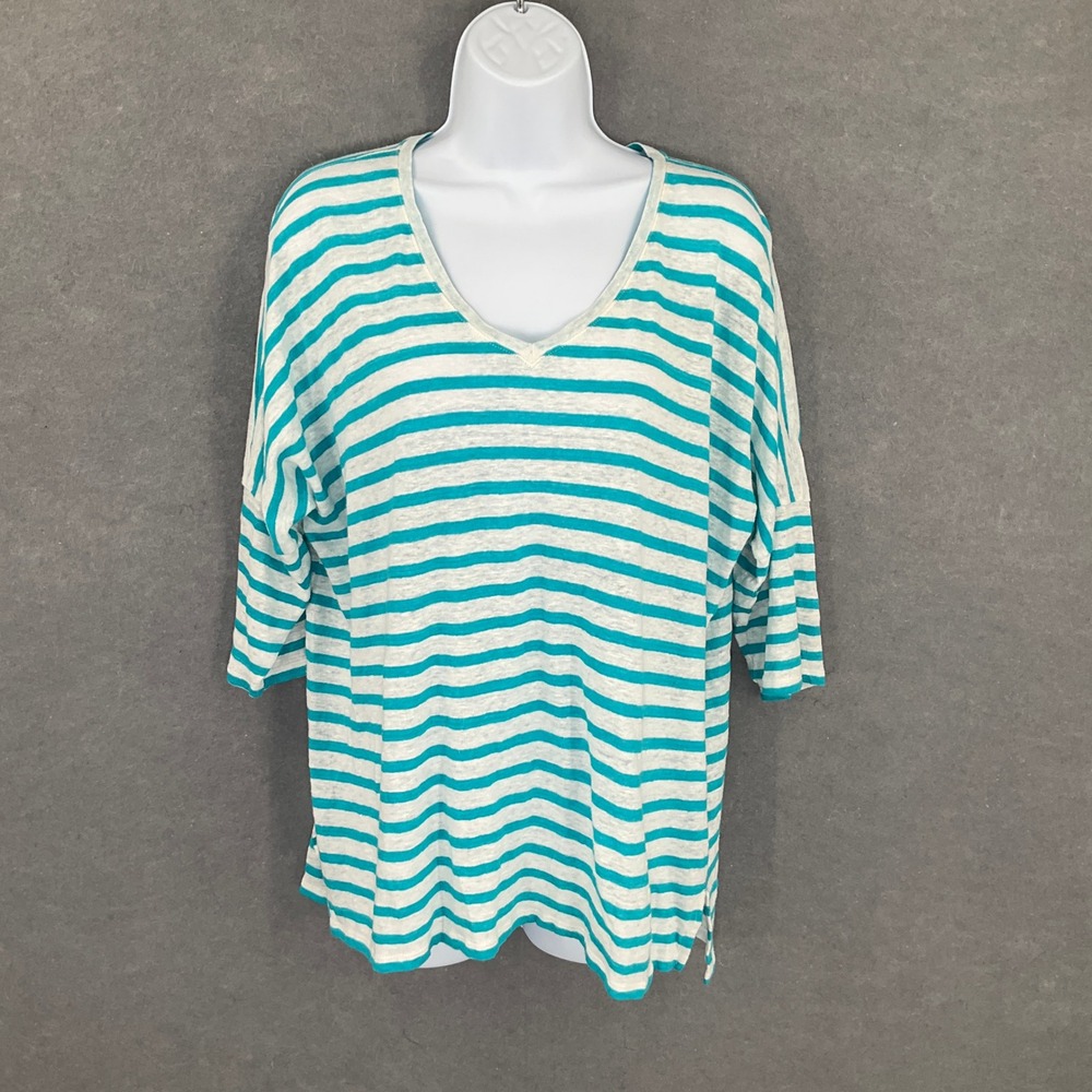 Chico's Women's Size 2 US L Turquoise White Striped Linen Blend‎ V Neck Top
